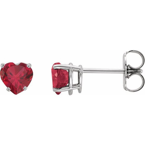 14K White Lab-Grown Ruby Heart Earrings