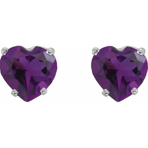 14K White Natural Amethyst Heart Earrings