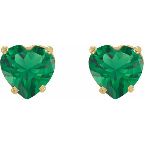 14K Yellow Lab-Grown Emerald Heart Earrings