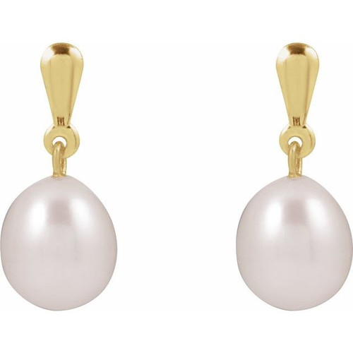 14K Yellow Cultured White Freshwater Pearl Earrings