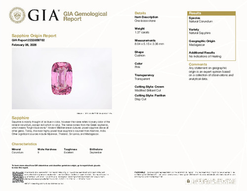 1.37 Pink Sapphire Cushion 8.04 x 5.15 x 3.36 mm