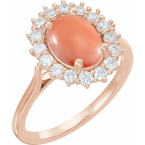 14K Rose Natural Pink Coral & 1/5 CTW Natural Diamond Ring