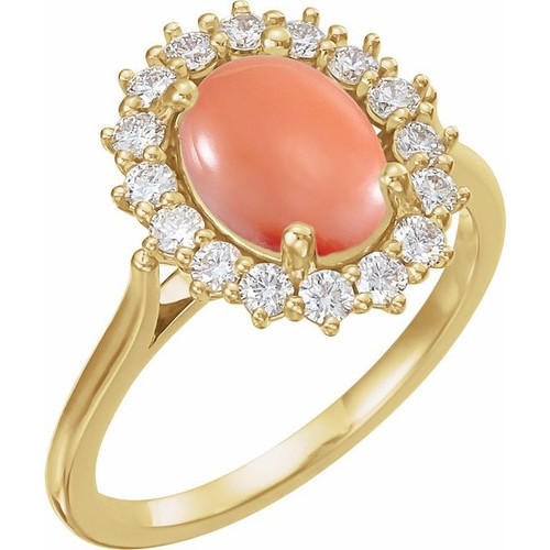 14K Yellow Natural Pink Coral & 1/5 CTW Natural Diamond Ring