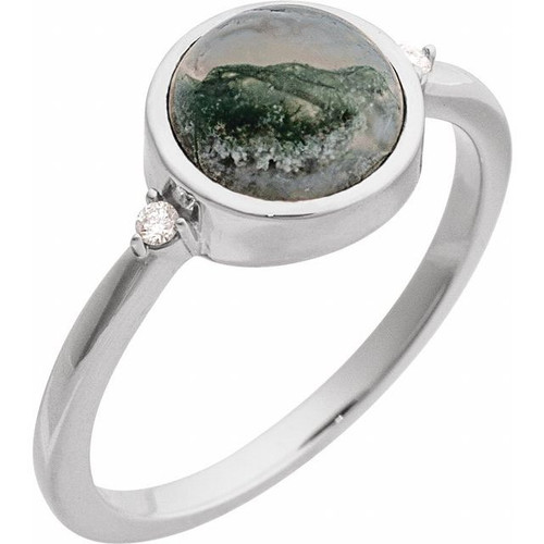 14K White Natural Moss Agate & .03 CTW Natural Diamond Ring