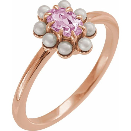 14K Rose Natural Pink Tourmaline & Cultured White Seed Pearl Halo-Style Ring