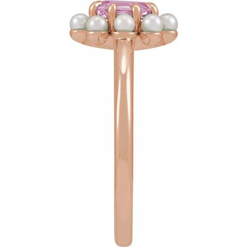 14K Rose Natural Pink Tourmaline & Cultured White Seed Pearl Halo-Style Ring