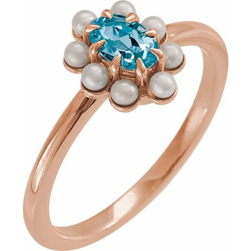 14K Rose Natural London Blue Topaz & Cultured White Seed Pearl Halo-Style Ring