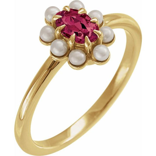 14K Yellow Natural Rhodolite Garnet & Cultured White Seed Pearl Halo-Style Ring