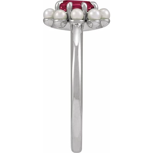 14K White Natural Rhodolite Garnet & Cultured White Seed Pearl Halo-Style Ring