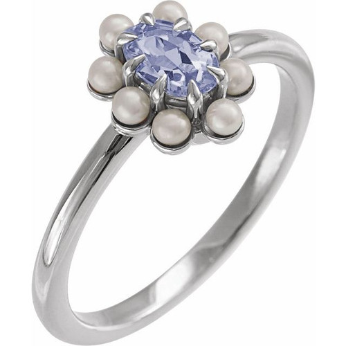 Sterling Silver Natural Tanzanite & Cultured White Seed Pearl Halo-Style Ring