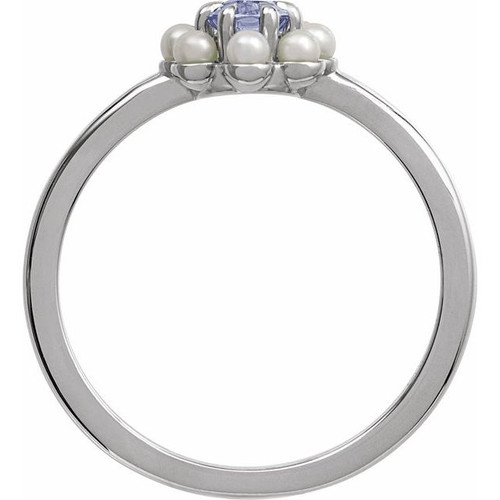 Sterling Silver Natural Tanzanite & Cultured White Seed Pearl Halo-Style Ring