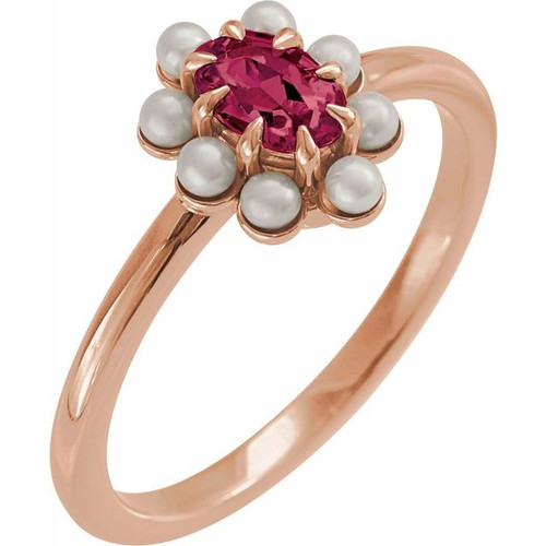 14K Rose Natural Rhodolite Garnet & Cultured White Seed Pearl Halo-Style Ring