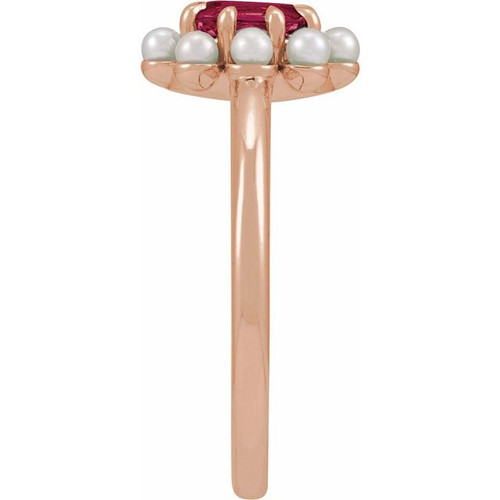 14K Rose Natural Rhodolite Garnet & Cultured White Seed Pearl Halo-Style Ring
