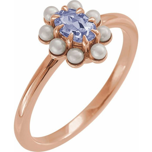 14K Rose Natural Tanzanite & Cultured White Seed Pearl Halo-Style Ring
