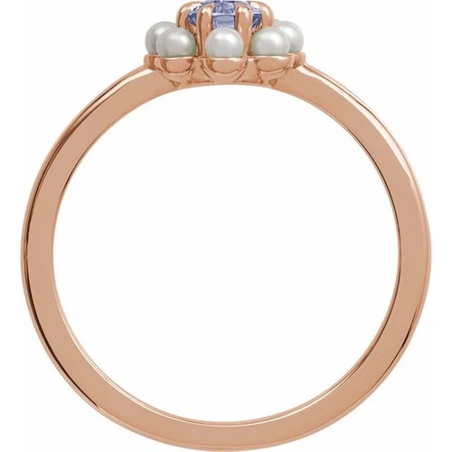 14K Rose Natural Tanzanite & Cultured White Seed Pearl Halo-Style Ring
