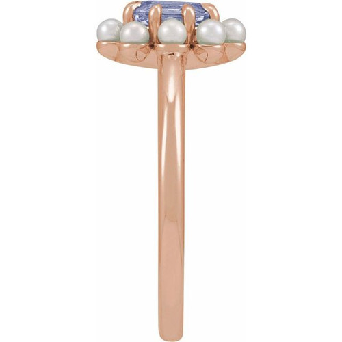14K Rose Natural Tanzanite & Cultured White Seed Pearl Halo-Style Ring