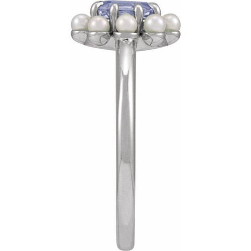 14K White Natural Tanzanite & Cultured White Seed Pearl Halo-Style Ring