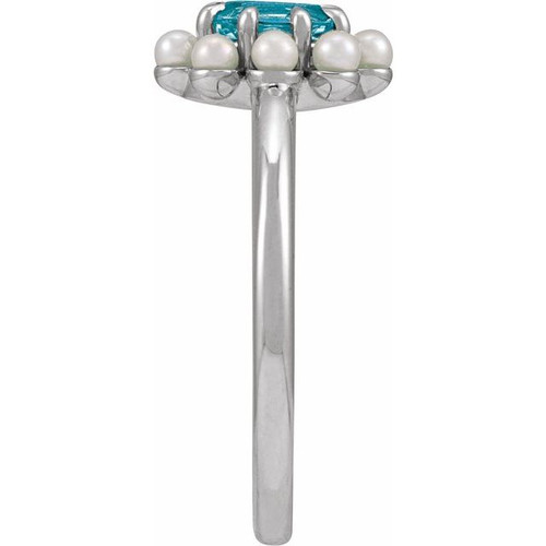 14K White Natural London Blue Topaz & Cultured White Seed Pearl Halo-Style Ring