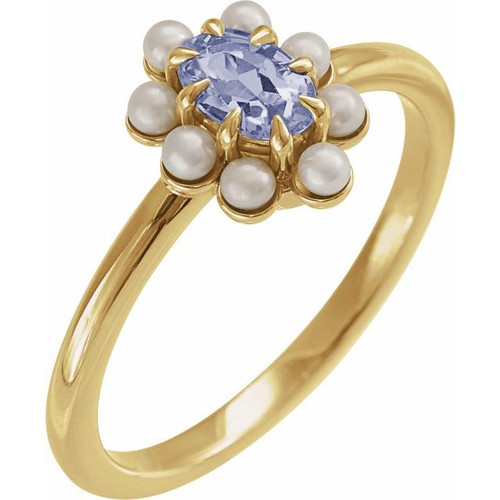 14K Yellow Natural Tanzanite & Cultured White Seed Pearl Halo-Style Ring