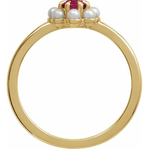 14K Yellow Natural Rhodolite Garnet & Cultured White Seed Pearl Halo-Style Ring