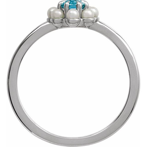 Platinum Natural London Blue Topaz & Cultured White Seed Pearl Halo-Style Ring