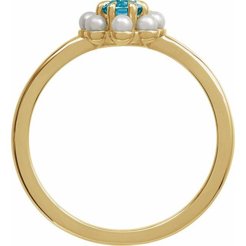 14K Yellow Natural London Blue Topaz & Cultured White Seed Pearl Halo-Style Ring