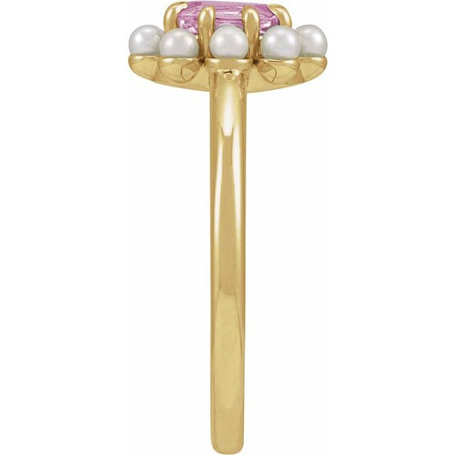 14K Yellow Natural Pink Tourmaline & Cultured White Seed Pearl Halo-Style Ring