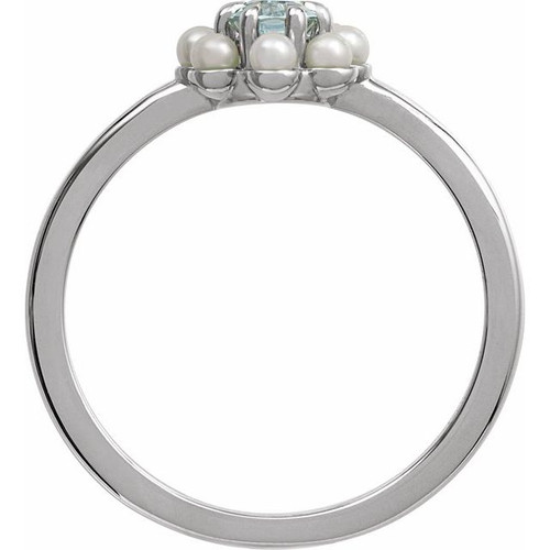 Sterling Silver Natural Sky Blue Topaz & Cultured White Seed Pearl Halo-Style Ring