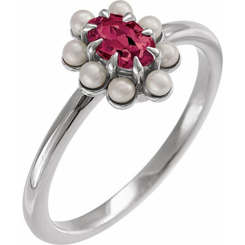 Sterling Silver Natural Rhodolite Garnet & Cultured White Seed Pearl Halo-Style Ring