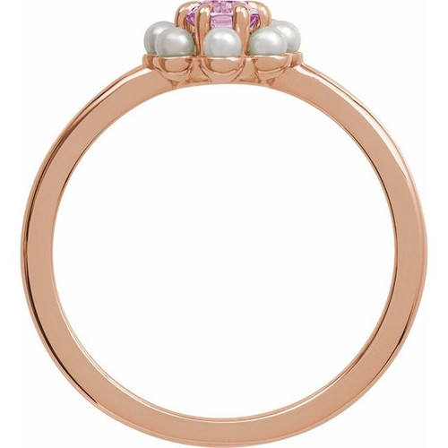 14K Rose Natural Pink Tourmaline & Cultured White Seed Pearl Halo-Style Ring