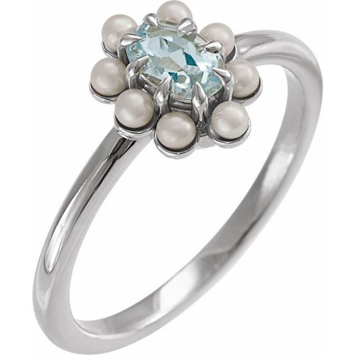 14K White Natural Sky Blue Topaz & Cultured White Seed Pearl Halo-Style Ring