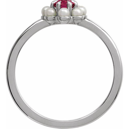 Platinum Natural Rhodolite Garnet & Cultured White Seed Pearl Halo-Style Ring