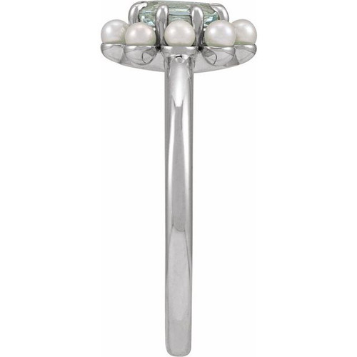 Platinum Natural Sky Blue Topaz & Cultured White Seed Pearl Halo-Style Ring