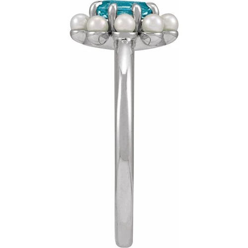 Sterling Silver Natural London Blue Topaz & Cultured White Seed Pearl Halo-Style Ring