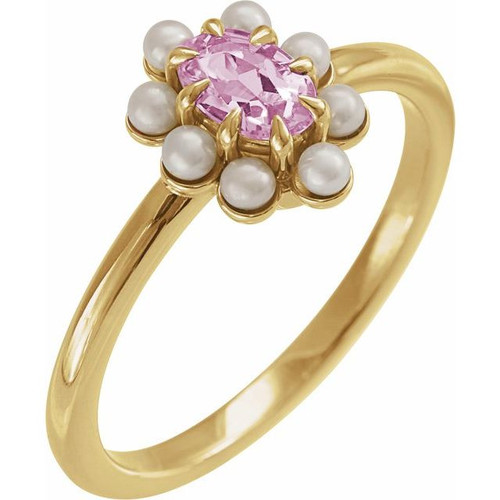 14K Yellow Natural Pink Tourmaline & Cultured White Seed Pearl Halo-Style Ring
