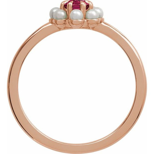 14K Rose Natural Rhodolite Garnet & Cultured White Seed Pearl Halo-Style Ring