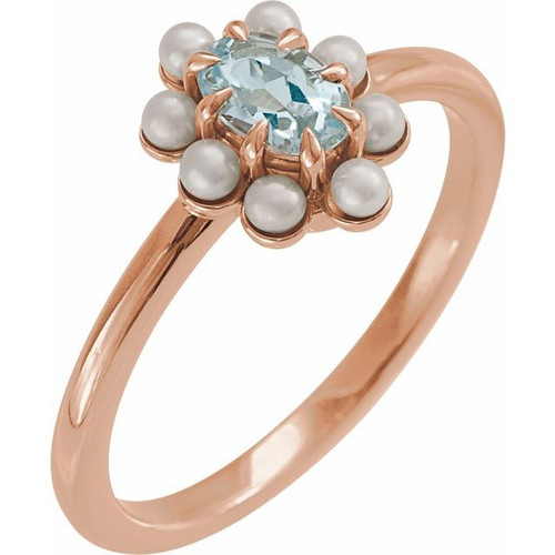 14K Rose Natural Sky Blue Topaz & Cultured White Seed Pearl Halo-Style Ring