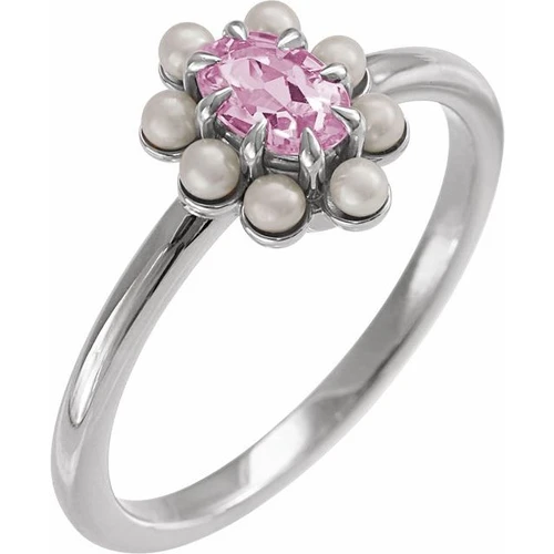 Sterling Silver Natural Pink Tourmaline & Cultured White Seed Pearl Halo-Style Ring