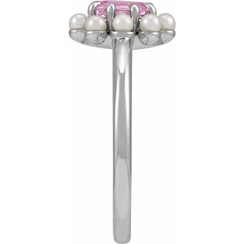 Sterling Silver Natural Pink Tourmaline & Cultured White Seed Pearl Halo-Style Ring