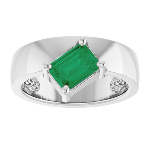 14K White Lab-Grown Emerald Asymmetric Solitaire Ring