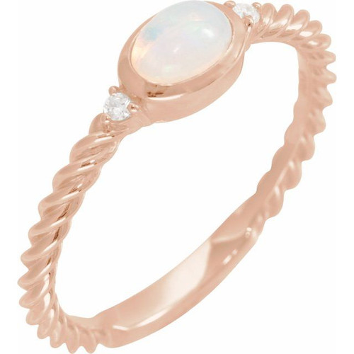 14K Rose Natural White Opal & .03 CTW Natural Diamond Cabochon Ring
