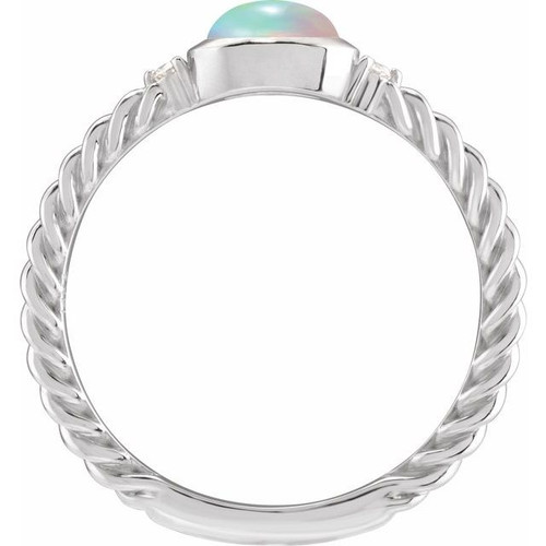 14K White Natural Ethiopian Opal & .03 CTW Natural Diamond Rope Ring