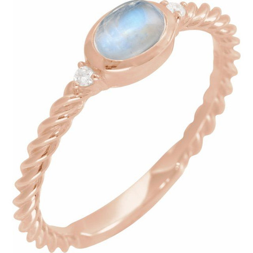 14K Rose Natural Rainbow Moonstone & .03 CTW Natural Diamond Cabochon Ring