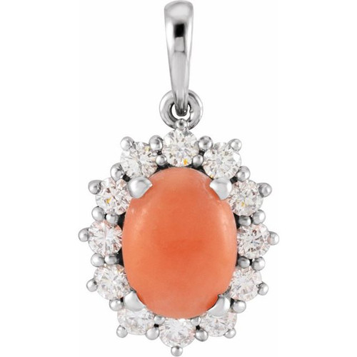 Sterling Silver Natural Pink Coral & 1/3 CTW Natural Diamond Halo-Style Pendant 
