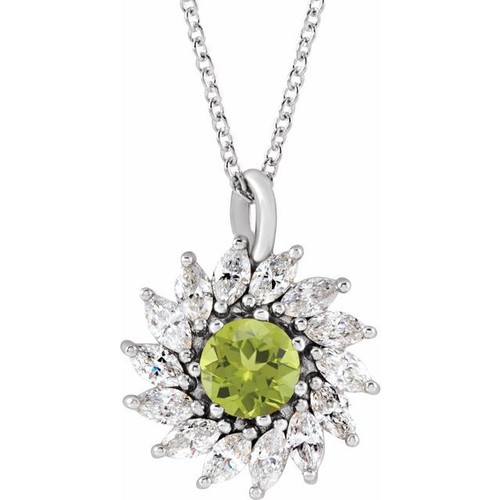 14K White Natural Peridot & 5/8 CTW Natural Diamond Halo-Style 16-18" Necklace