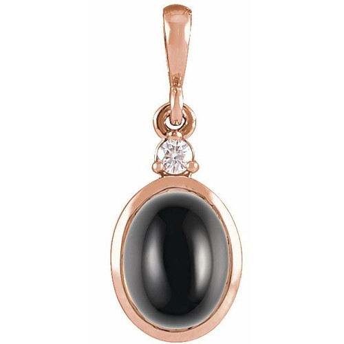 14K Rose 9x7 mm Natural Black Onyx & .03 CT Natural Diamond Cabochon Pendant
