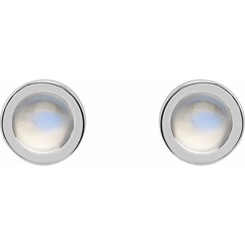 Sterling Silver Cabochon Natural Rainbow Moonstone Bezel-Set Solitaire Earrings