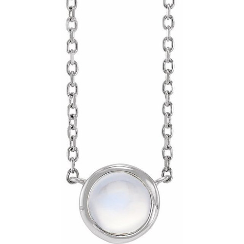 14K White Cabochon Natural Rainbow Moonstone Bezel-Set 18" Necklace