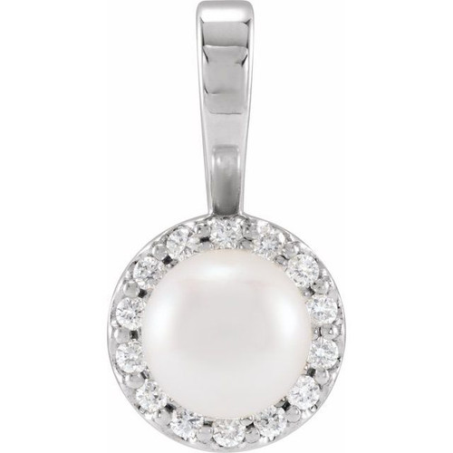 Platinum Cultured White Akoya Pearl  & 1/8 CTW Natural Diamond Pendant 