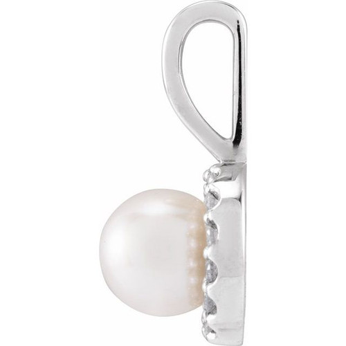 Platinum Cultured White Akoya Pearl  & 1/10 CTW Natural Diamond Pendant 